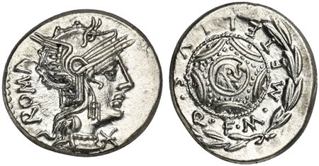 M. Caecilius Q.f. Q.n. Metellus, Denarius, Rome, 127 BC. AR (g 3,92; mm 18; h 11). Helmeted head of Roma r., star on flap; to l., ROMA upwards, denomination mark before, Rv. Macedonian shield with elephant's head in central boss; 
