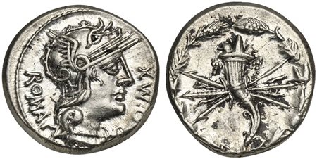 Q. Fabius Maximus, Denarius, Rome, 127 BC. AR (g 3,91; mm 18; h 3). Helmeted head of Roma r.; ROMA behind, denomination mark and Q•MX, Rv. Cornucopia over thunderbolt; all within wreath. Crawford 265/1; Fabia 5; Sydenham 478. Good