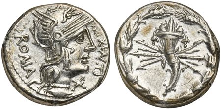 Q. Fabius Maximus, Denarius, Rome, 127 BC. AR (g 3,82; mm 18; h 11). Helmeted head of Roma r.; ROMA behind, denomination mark and Q•MX, Rv. Cornucopia over thunderbolt; all within wreath. Crawford 265/1; Fabia 5; Sydenham 478. Nea