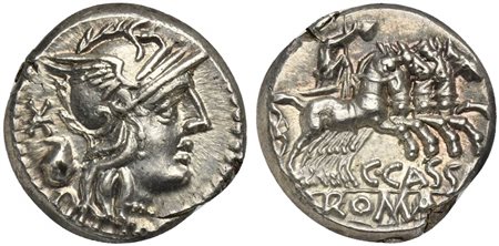 C. Cassius, Denarius, Rome, 126 BC. AR (g 3,96; mm 17; h 3). Helmeted head of Roma r.; denomination mark and voting urn behind, Rv. Libertas driving galloping quadriga r., holding reins, vindicta and pileus; C•CASSI below, ROMA in