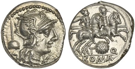 T. Quinctius Flamininus, Denarius, Rome, 126 BC. AR (g 3,93; mm 18; h 6). Helmeted head of Roma r.; apex to l., Rv. The Dioscuri on horses riding r., each holding spear; Macedonian shield between T and Q below; ROMA in exergue. Cr