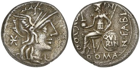 Numerius Fabius Pictor, Denarius, Rome, 126 BC. AR (g 3,83; mm 17; h 12). Helmeted head of Roma r.; denomination mark behind, K below chin, Rv. The flamen Quirinalis, Q. Fabius Pictor, seated l., holding apex and spear; shield at 
