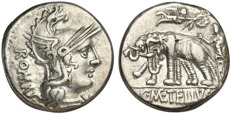 C. Caecilius Metellus Caprarius, Denarius, Rome, 125 BC. AR (g 3,87; mm 17; h 1). Head of Roma r., wearing Phrygian helmet; ROMA behind, denomination mark before, Rv. Jupiter driving biga of elephants l.; Victory flying above; C•(