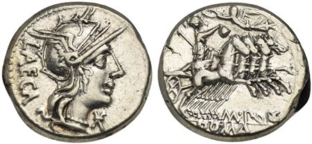 M. Porcius Laeca, Denarius, Rome, 125 BC. AR (g 3,89; mm 18; h 12). Helmeted head of Roma r.; LAECA behind, denimonation mark before, Rv. Libertas driving quadriga r., holding reins and vindicta; above, Victory flying l., crowning