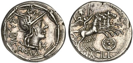 Man. Acilius Balbus, Denarius, Rome, 125 BC. AR (g 3,91; mm 19; h 3). Helmeted head of Roma r.; B(AL)BVS behind, ROMA below, denomination mark before; all within laurel wreath, Rv. Jupiter, holding thunderbolt and spear, standing 