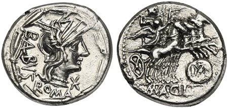 Man. Acilius Balbus, Denarius, Rome, 125 BC. AR (g 3,76; mm 19; h 6). Helmeted head of Roma r.; B(AL)BVS behind, ROMA below, denomination mark before; all within laurel wreath, Rv. Jupiter, holding thunderbolt and spear, standing 