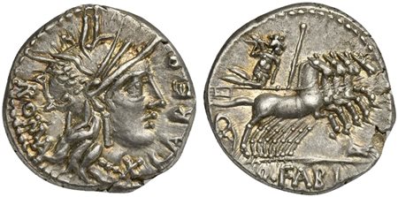 Q. Fabius Labeo, Denarius, Rome, 124 BC. AR (g 3,91; mm 18; h 3). Helmeted head of Roma r.; ROMA behind, denomination mark and LABEO before, Rv. Jupiter driving galloping quadriga r., hurling thunderbolt, holding sceptre and reins