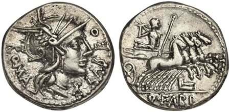 Q. Fabius Labeo, Denarius, Rome, 124 BC. AR (g 3,81; mm 19; h 4). Helmeted head of Roma r.; ROMA behind, denomination mark and LABEO before, Rv. Jupiter driving galloping quadriga r., hurling thunderbolt, holding sceptre and reins