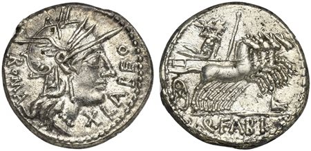 Q. Fabius Labeo, Denarius, Rome, 124 BC. AR (g 3,94; mm 19; h 5). Helmeted head of Roma r.; ROMA behind, denomination mark and LABEO before, Rv. Jupiter driving galloping quadriga r., hurling thunderbolt, holding sceptre and reins