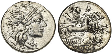 Cn. Papirius Carbo, Denarius, Rome, 121 BC. AR (g 3,85; mm 21; h 5). Helmeted head of Roma r.; denomination mark behind, Rv. Jupiter driving galloping quadriga r., hurling thunderbolt and holding sceptre and reins; CARB below, ROM