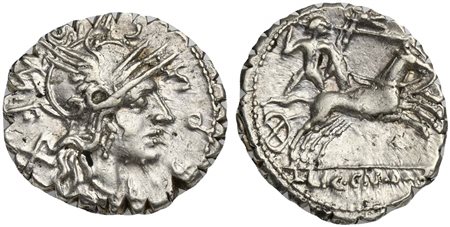 L. Cosconius M.f., Serrate Denarius, Narbo, 118 BC. AR (g 3,96; mm 19; h 9). Helmeted head of Roma r.; L•COSCO•M•F around, denomination mark behind, Rv. Gallic warrior (Bituitus?) driving galloping biga r., hurling spear and holdi