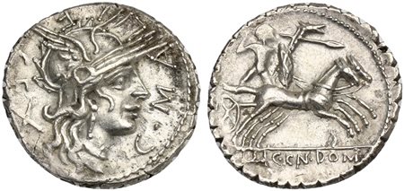 C. Malleolus C.f., Serrate Denarius, Rome, 118 BC. AR (g 3,84; mm 20; h 7). Helmeted head of Roma r.; C•MALLE•C•F around, denomination mark behind, Rv. Gallic warrior (Bituitus?) in biga r.; L•LIC•CN•DOM in exergue. Crawford 282/3