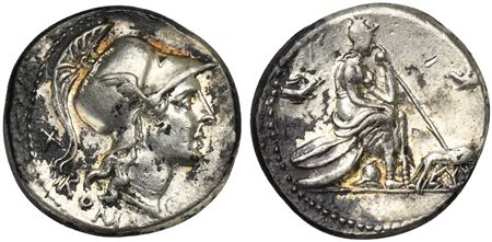 Anonymous, Denarius, Rome, 115-114 BC. AR (g 3,83; mm 19; h 7). Helmeted head of Roma r.; denomination mark behind, Rv. Roma seated r. on pile of shields, holding spear; birds in flight to upper l. and r.; to lower r., she-wolf st