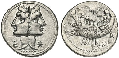 C. Fonteius, Denarius, Rome, 114-113 BC. AR (g 3,91; mm 20; h 6). Laureate, janiform heads of the Dioscuri; E to l., denomination mark to r., Rv. Galley l. with three rowers, gubernator at stern; C•FO(NT), ROMA below. Crawford 290