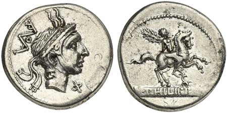 L. Philippus, Denarius, Rome, 113-112 BC. AR (g 3,64; mm 19; h 3). Head of Philip V of Macedon r., wearing diademed royal Macedonian helmet with goat horns; Roma monogram to l., Φ below chin, Rv. Equestrian statue r. on inscribed 