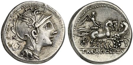 T. Manlius Mancinus, Appius Claudius Pulcher, and Q. Urbinus, Denarius, Rome, 111-110 BC. AR (g 3,85; mm 18; h 12). Helmeted head of Roma r.; quadrangular device behind, Rv. Victory driving triga r.; T•(MAL)•AP•CL•Q•(VR) below. Cr