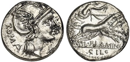 L. Flaminius Chilo, Denarius, Rome, 109-108 BC. AR (g 3,96; mm 18; h 5). Helmeted head of Roma r.; ROMA behind, denomination mark before, Rv. Victory driving biga r.; L•FLAMINI below, CILO in exergue Crawford 302/1; Flaminia 1; Sy