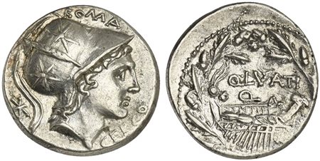 Q. Lutatius Cerco, Denarius, Rome, 109-108 BC. AR (g 3,98; mm 19; h 3). Helmeted head of Roma (or Mars) r.; ROMA above, CERCO below, denomination mark behind, Rv. Galley r. with head of Roma on prow; Q•L(VT)TATI / Q above; all wit