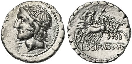 L. Scipio Asiagenus, Serrate Denarius, Rome, 106 BC. AR (g 3,84; mm 19; h 6). Laureate head of Jupiter l.; F before, Rv. Jupiter holding sceptre and thunderbolt in quadriga r.; L•SCIP•ASIAG in exergue. Crawford 311/1b; Cornelia 24