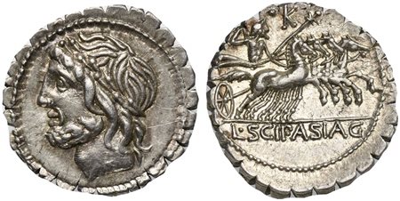 L. Scipio Asiagenus, Serrate Denarius, Rome, 106 BC. AR (g 3,90; mm 19; h 5). Laureate head of Jupiter l., Rv. Jupiter driving galloping quadriga r., hurling thunderbolt and holding reins and sceptre; •K above; L•SCIP•ASIAG in exe