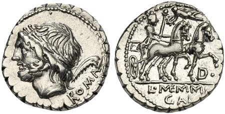L. Memmius Galeria, Denarius, Rome, 106 BC. AR (g 3,92; mm 18; h 3). Laureate head of Saturn l.; harpa and ROMA behind, Rv. Venus driving biga r., holding sceptre and reins; above, Cupid flying l., holding wreath; D• below horses,