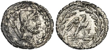 Lucius Aurelius Cotta, Serrate Denarius, Rome, 105 BC. AR (g 4,01; mm 20; h 6). Draped bust of Vulcan r., wearing laureate pileus; denomination mark behind; all within wreath, Rv. Eagle standing r. on thunderbolt, head l.; T befor
