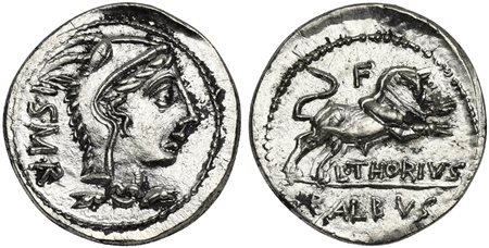 L. Thorius Balbus, Denarius, Rome, ca. 105 BC. AR (g 3,97; mm 21; h 6). Head of Juno Lanuvium r., wearing goat skin; I•S•M•R behind, Rv. Bull charging r.; F above, L•THORIVS below, BALBVS in exergue. Crawford 316/1; Thoria 1; Syde