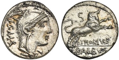 L. Thorius Balbus, Denarius, Rome, ca. 105 BC. AR (g 4,13; mm 19; h 5). Head of Juno Lanuvium r., wearing goat skin; I•S•M•R behind, Rv. Bull charging r.; S above, L•THORIVS below, BALBVS in exergue. Crawford 316/1; Thoria 1; Syde