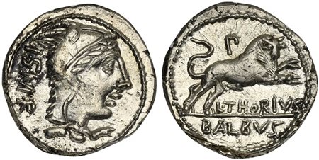 L. Thorius Balbus, Denarius, Rome, ca. 105 BC. AR (g 4,05; mm 21; h 6). Head of Juno Lanuvium r., wearing goat skin; I•S•M•R behind, Rv. Bull charging r.; P above, L•THORIVS below, BALBVS in exergue. Crawford 316/1; Thoria 1; Syde