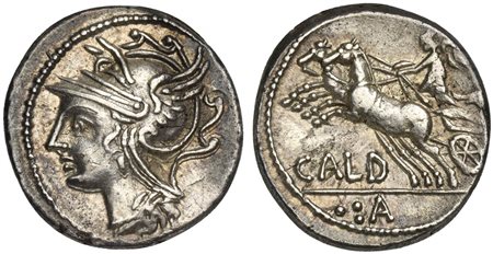 C. Coelius Caldus, Denarius, Rome, 104 BC. AR (g 3,87; mm 18; h 6). Helmeted head of Roma l., Rv. Victory in biga l.; CALD below, control mark in exergue. Crawford 318/1b; Coelia 3; Sydenham 582a. Toned, good very fine