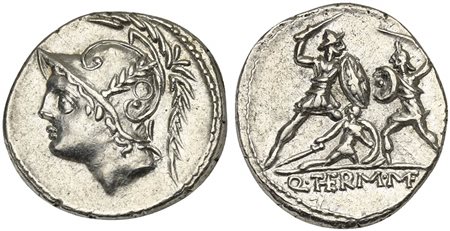Q. Minucius Thermus M. f., Denarius, Rome, 103 BC. AR (g 3,91; mm 20; h 10). Helmeted bust of Mars l., Rv. Two warriors in combat, one on l. protecting a fallen man; Q•(THE)RM•(MF) in exergue. Crawford 319/1; Minucia 19; Sydenham 