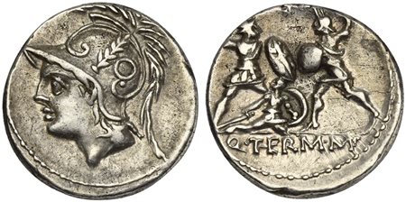 Q. Minucius Thermus M. f., Denarius, Rome, 103 BC. AR (g 3,94; mm 19; h 1). Helmeted bust of Mars l., Rv. Two warriors in combat, one on l. protecting a fallen man; Q•(THE)RM•(MF) in exergue. Crawford 319/1; Minucia 19; Sydenham 5