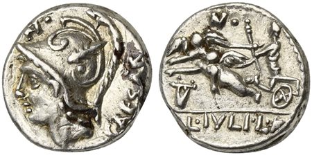 L. Julius L.f. Caesar, Denarius, Rome, 103 BC. AR (g 3,84; mm 16; h 12). Helmeted head of Mars l.; CAESAR behind, control mark above, Rv. Venus Genetrix, holding sceptre, driving biga of Cupids l.; lyre below; L•IVLI•L•F in exergu
