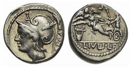 L. Julius L.f. Caesar, Denarius, Rome, 103 BC. AR (g 3,93; mm 16; h 7). Helmeted head of Mars l.; CAESAR behind, control mark above, Rv. Venus Genetrix, holding sceptre, driving biga of Cupids l.; lyre below; L•IVLI•L•F in exergue