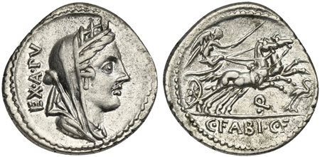 C. Fabius C.f. Hadrianus, Denarius, Rome, 102 BC. AR (g 3,79; mm 21; h 12). Turreted and veiled head of Cybele r.; EX•A•PV behind, Rv. Victory driving galloping biga r., holding reins and goad; below horses, control-mark and stork