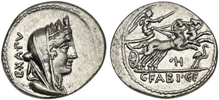 C. Fabius C.f. Hadrianus, Denarius, Rome, 102 BC. AR (g 3,92; mm 20; h 1). Turreted and veiled head of Cybele r.; EX•A•PV behind, Rv. Victory driving galloping biga r., holding reins and goad; below horses, control-mark and stork 