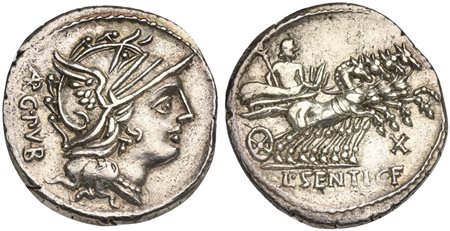 L. Sentius C.f., Denarius, Rome, 101 BC. AR (g 4,00; mm 22; h 7). Helmeted head of Roma r.; (AR)G•PVB behind, Rv. Jupiter driving quadriga r.; X below horses, L•SENTI•C•F in exergue. Crawford 325/1b; Sentia 1; Sydenham 600. Good v