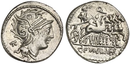 C. Fundanius, Denarius, Rome, 101 BC. AR (g 3,94; mm 19; h 6). Helmeted head of Roma r.; K behind, Rv. Triumphator in quadriga r., holding sceptre and laurel branch; a youth riding the nearest horse, holding laurel branch; Q above