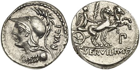 P. Servilius M.f. Rullus, Denarius, Rome, 100 BC. AR (g 3,93; mm 20; h 12). Helmeted bust of Minerva l., wearing aegis; RVLLI behind, Rv. Victory driving galloping biga r., holding palm frond and reins; P below, P•SERVILI•M•F in e