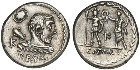 P. Cornelius Lentulus Marcellinus, Denarius, Rome, 100 BC. AR (g 3,89; mm 18; h 11). Bareheaded bust of young Hercules r., seen from behind, wearing lion skin and holding club; behind, shield and K; P•E•S•C below. R/ Roma standing