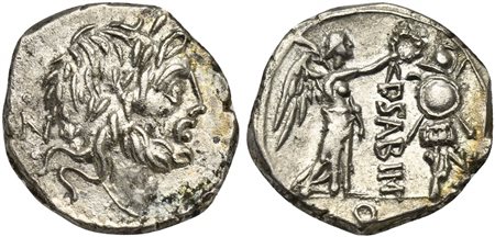 P. Sabinus, Quinarius, Rome, 99 BC. AR (g 1,97; mm 15; h 5). Laureate head of Jupiter r.; N behind, Rv. Victory standing r., crowning trophy with wreath; P•SABIN between, Q in exergue. Crawford 331/1; Vettia 1; Sydenham 587. Good 