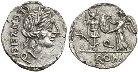 C. Egnatuleius C.f., Quinarius, Rome, 97 BC. AR (g 1,65; mm 16; h 11). Laureate head of Apollo; C•EG(NAT)(VL)EI•C•F•Q behind, Rv. Victory standing l., inscribing shield attached to trophy; at base, carnyx to l.; Q in field, ROM[A]