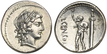 L. Censorinus, Denarius, Rome, 82 BC. AR (g 3,73; mm 17; h 5). Laureate head of Apollo r., Rv. Marsyas standing l., holding wineskin over shoulder; to r., column surmounted by statue of Minerva(?) standing l.; L•CENSOR to l. Crawf