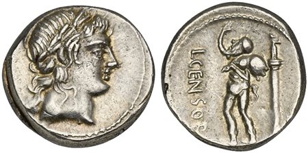 L. Censorinus, Denarius, Rome, 82 BC. AR (g 4,15; mm 17; h 9). Laureate head of Apollo r., Rv. Marsyas standing l., holding wineskin over shoulder; to r., column surmounted by statue of Minerva(?) standing l.; L•CENSOR to l. Crawf