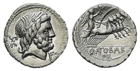 Q. Antonius Balbus, Serrate Denarius, Rome, 83-82 BC. AR (g 4,00; mm 19,5; h 3). Laureate head of Jupiter r.; S•C behind, F• before; Rv. Victory, holding wreath and palm frond, driving quadriga r., Q•(ANT)O•B(AL)B / PR in exergue.