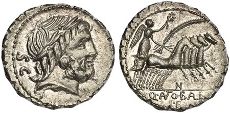 Q. Antonius Balbus, Serrate Denarius, Rome, 83-82 BC. AR (g 4,01; mm 20; h 11). Laureate head of Jupiter r.; S•C behind, Rv. Victory driving quadriga r., holding reins, palm frond and wreath; N below horses, Q•(ANT)O•B(AL)B / PR i