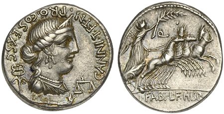 C. Annius T.f. T.n and L. Fabius L.f. Hispaniensis, Denarius, Spain, 82-81 BC. AR (g 3,85; mm 19; h 10). Diademed and draped bust of Anna Perenna r.; winged caduceus to l., scales to r., carnyx below;  Rv. Victory driving quadriga