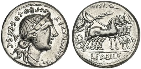 C. Annius T.f. T.n and L. Fabius L.f. Hispaniensis, Denarius, Northern Italy or Spain, 82-81 BC. AR (g 3,80; mm 18; h 8). Draped bust of Anna Perenna r., wearing stephane; scales below chin, V behind head, C•ANNIVS•T•F•T•N•PRO•COS