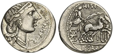 C. Annius T.f. T.n and L. Fabius L.f. Hispaniensis, Denarius, Northern Italy or Spain, 82-81 BC. AR (g 3,82; mm 18; h 11). Draped bust of Anna Perenna r., wearing stephane; scales below chin, C•ANNIVS•T•F•T[•N•PRO•COS•EX•S•C] arou