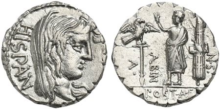 A. Postumius A.f. Sp.n. Albinus, Serrate Denarius, Rome, 81 BC. AR (g 3,85; mm 18; h 3). Veiled head of Hispania r.; HISPAN behind, Rv. Togate figure standing l., raising hand, between aquila and fasces; A•POST•A•F•S•N•(AL)BIN aro